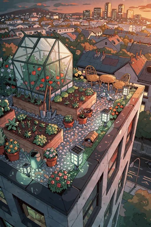 Carlesdalmau Style Illustration Of A Lush Rooftop Garden Ato...