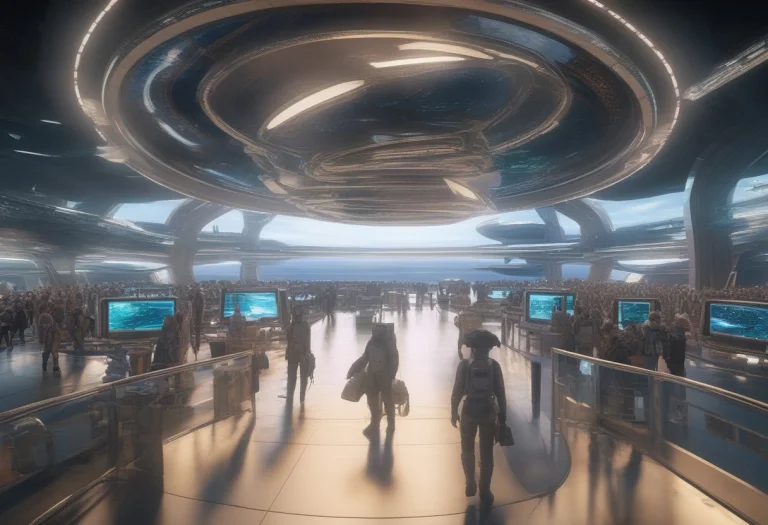 A Spaceport Terminal Crowded With Alien Travelers, Fisheye L...