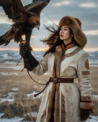 A Woman In Her Twenties In An Embroidered Fur-trimmed Coat A... — Stable Diffusion AI Prompt: A woman in her twenties in an embroidered fur-trimmed coat and a fox-fur hat hol...