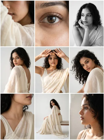 9-Frame Ivory Saree Editorial Portrait – Minimal White Studio, Artistic Close-Ups & RAW Photography AI Prompt — Nano Banana AI Prompt: Editorial 3x3 grid in a stark white minimal studio. Character (face characterist...