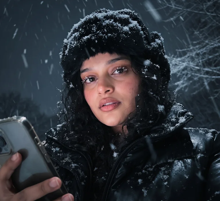 Cinematic Snowfall Night Selfie – Black Faux-Fur Hat, Snow-Dusted Puffer Jacket & Moody Winter Aesthetic AI Prompt