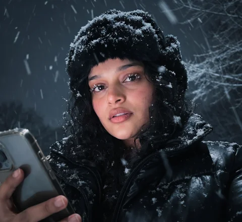 Cinematic Snowfall Night Selfie – Black Faux-Fur Hat, Snow-Dusted Puffer Jacket & Moody Winter Aesthetic AI Prompt — Nano Banana AI Prompt: A close-up outdoor selfie of a woman at night during heavy snowfall, taken from...