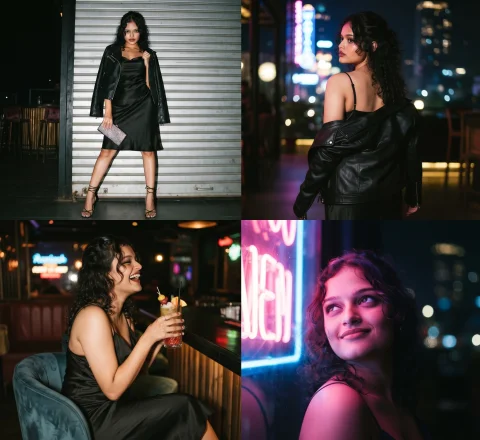 Night Luxe Fashion Collage – 4-Pose Black Satin Dress, Neon City Lights & Cinematic Party Photography AI Prompt — Nano Banana AI Prompt: A cohesive 4-panel fashion lifestyle collage featuring the same young woman in a...