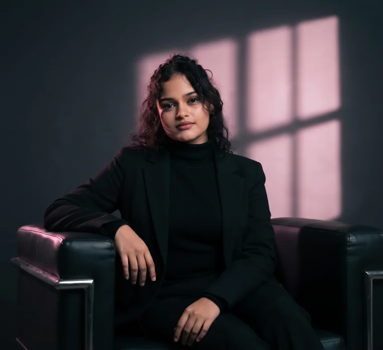 Cinematic All-Black Fashion Portrait – Pink-Purple Geometric Lighting & Luxury Editorial Aesthetic AI Prompt