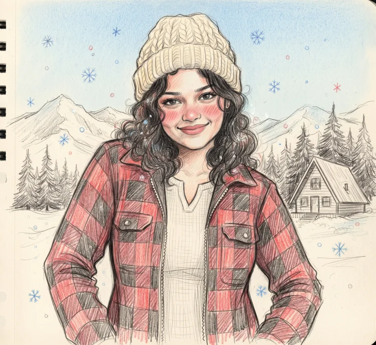 Cozy Winter Girl Colored-Pencil Portrait – Knitted Beanie, Snowy Mountains & Sketchbook Aesthetic AI Prompt