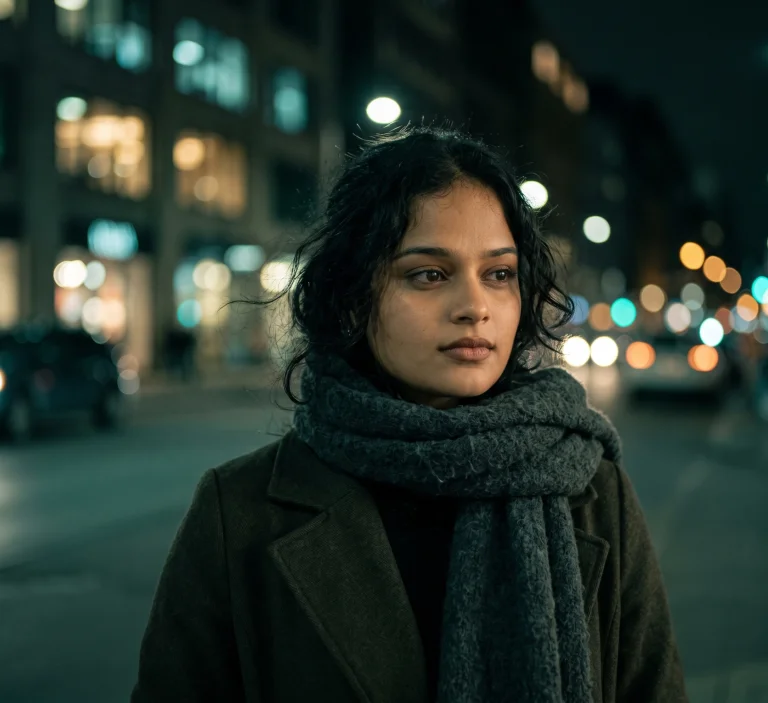 Cinematic Night Portrait with Teal City Lights – Moody Winter Fashion Editorial AI Prompt