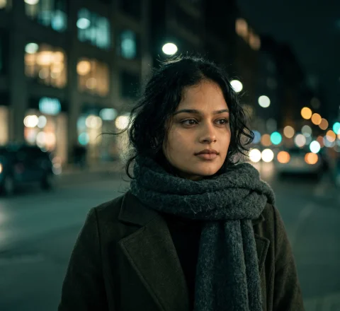 Cinematic Night Portrait with Teal City Lights – Moody Winter Fashion Editorial AI Prompt — Nano Banana AI Prompt: A cinematic night-time portrait of a young woman standing outdoors, softly lit b...