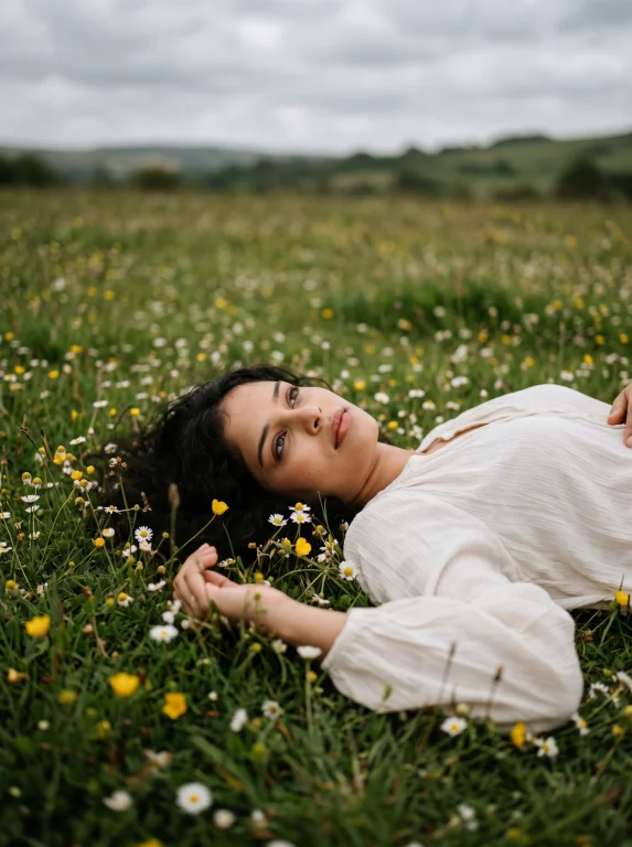 Dreamy Wildflower Meadow Portrait – Cinematic Soft-Focus Editorial AI Photo Prompt