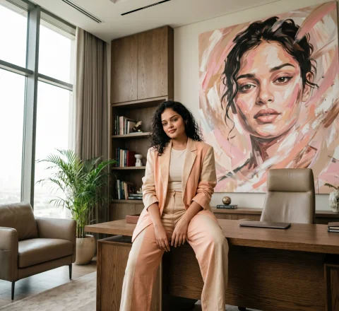 Luxury Office Portrait with Pastel Expressionist Artwork – Cinematic Fashion AI Prompt — Nano Banana AI Prompt: A stylish cinematic scene of a woman sitting confidently on a table in her perso...