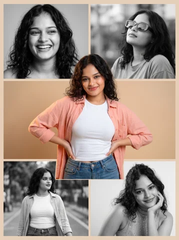 Premium 5-Pose Portrait Collage – Pastel Color & Black-and-White Cinematic Aesthetic AI Prompt — Nano Banana AI Prompt: A premium collage featuring a stunning young girl with her real face unchanged,...
