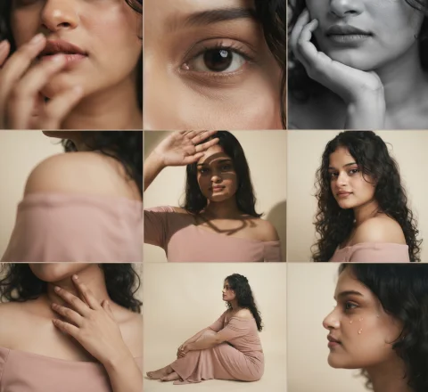 Blush Pink Editorial Portrait – 9-Frame Close-Up Photography Grid, Matte Cream Studio & Soft Cinematic Aesthetic AI Prompt — Nano Banana AI Prompt: Editorial 3x3 grid in matte cream studio. Character (face characteristics 100% s...