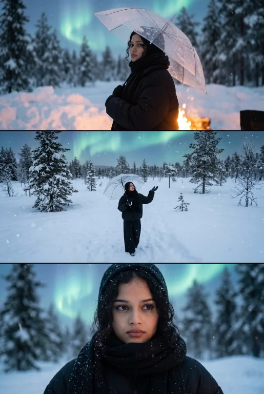 Melancholic Winter Aurora Triptych Portrait – Cinematic Snowfall AI Photo Prompt