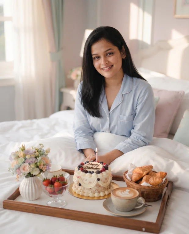 Luxury Birthday Breakfast in Bed with Flowers, Coffee and Cake