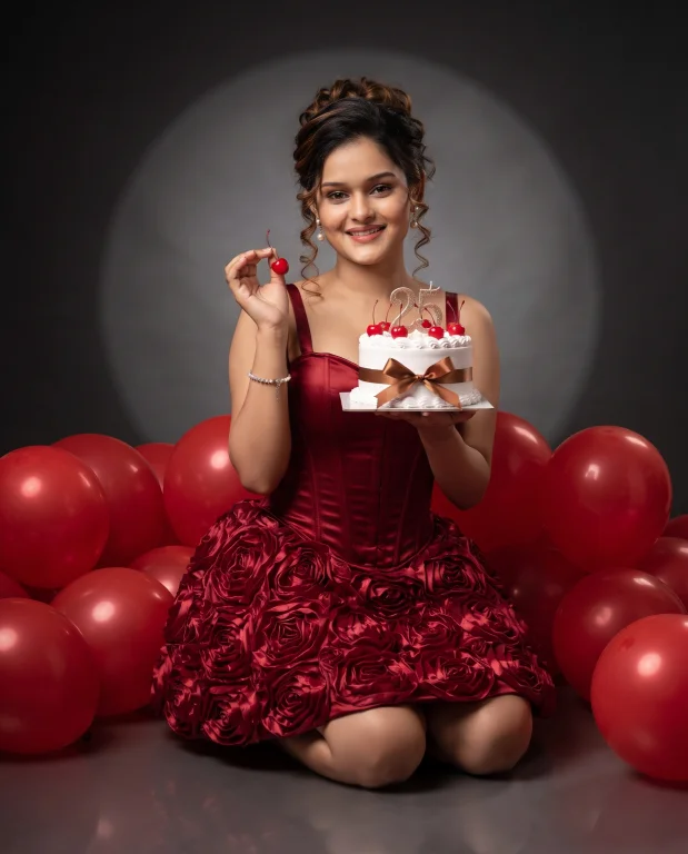 Luxury Red Satin Birthday Photoshoot with Balloons and Cherry Cake