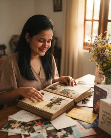 Nostalgic Birthday Memories Scrapbook with Old Photos and Handwritten Letters — Nano Banana AI Prompt: A sentimental birthday scene featuring a woman sitting at a desk surrounded by o...