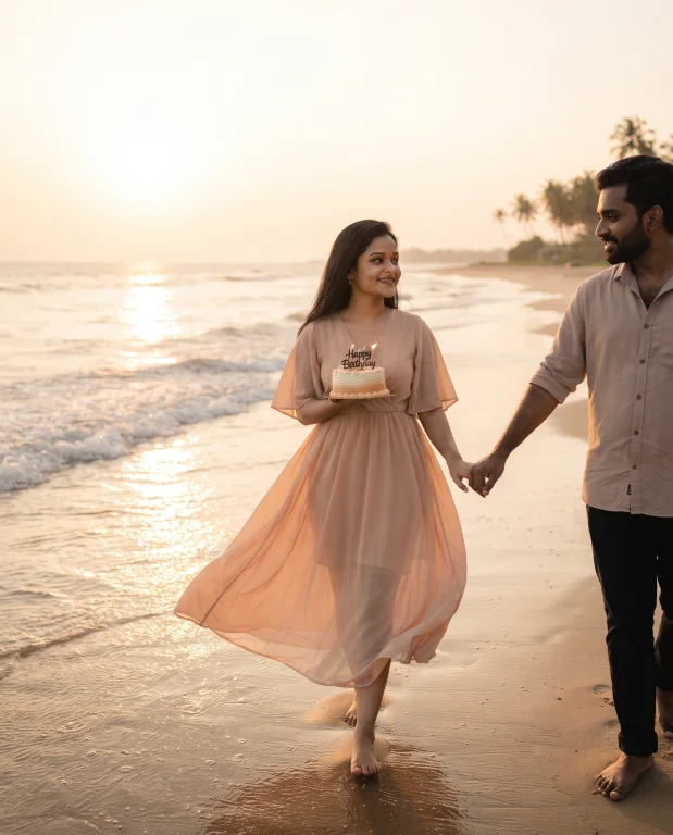 Romantic Beach Birthday Photoshoot with Sunset Glow and Couple Moments