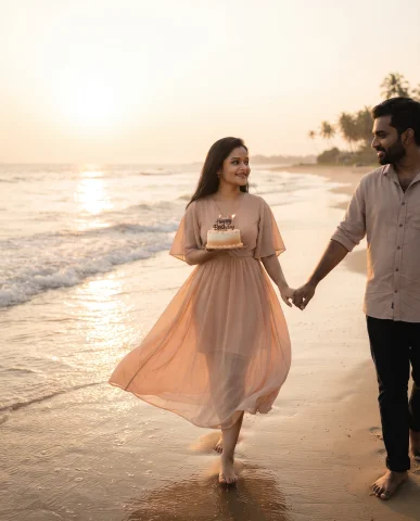Romantic Beach Birthday Photoshoot with Sunset Glow and Couple Moments — Nano Banana AI Prompt: A romantic birthday celebration on a quiet beach at sunset, a woman holding a sm...
