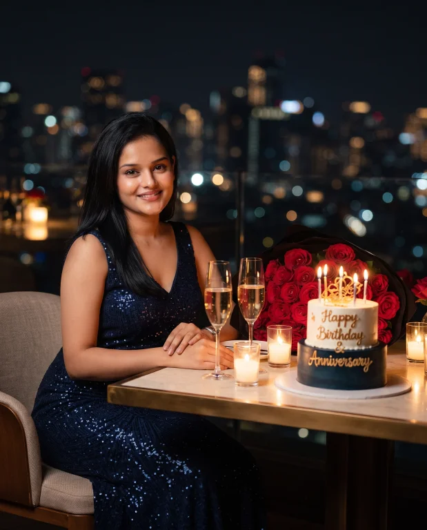 Luxury Rooftop Birthday and Anniversary Dinner with Roses and City Lights