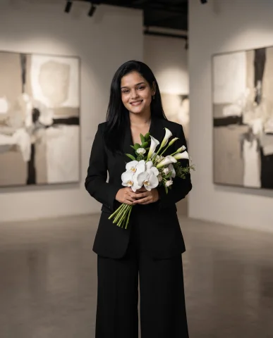 Elegant Art Gallery Birthday Portrait with Modern Paintings and Minimalist Bouquet — Nano Banana AI Prompt: A sophisticated birthday portrait inside a contemporary art gallery, a stylish w...