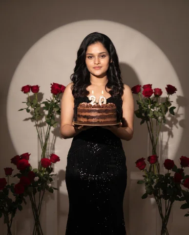 Luxury Black Gown Birthday Photoshoot with Red Roses and Chocolate Cake — Nano Banana AI Prompt: Create a glamorous birthday photoshoot portrait with direct flash photography. T...