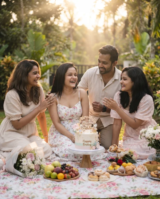 Dreamy Birthday Picnic with Best Friends, Flowers and Pastel Cake