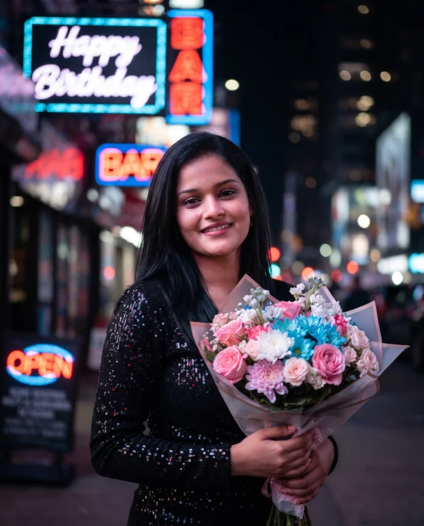 Neon City Night Birthday Photoshoot with Flowers and Cinematic Urban Lights