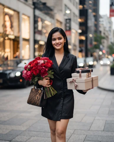 Luxury Fashion Birthday Photoshoot with Designer Handbag and Gift Boxes — Nano Banana AI Prompt: A high-fashion birthday photoshoot featuring a stylish woman walking through a l...