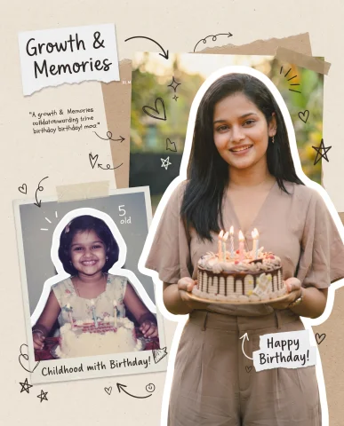 Nostalgic Birthday Scrapbook Collage Celebrating Childhood to Adulthood — Nano Banana AI Prompt: A nostalgic birthday scrapbook collage showing the same woman in two different s...