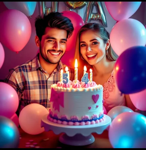 Blue Neon Love Birthday Celebration — Nano Banana AI Prompt: Create a cinematic futuristic birthday portrait of the couple using both uploade...