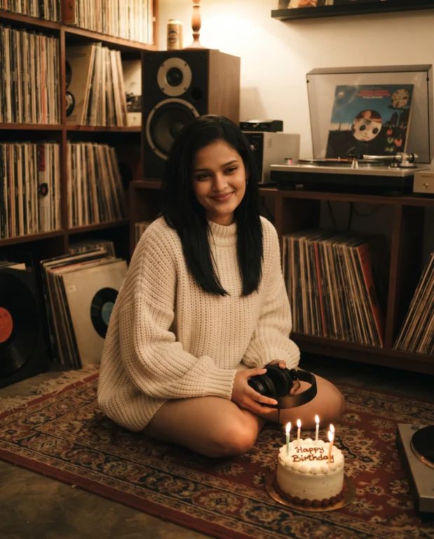 Cozy Vinyl Record Birthday Photoshoot with Vintage Speakers and Cake
