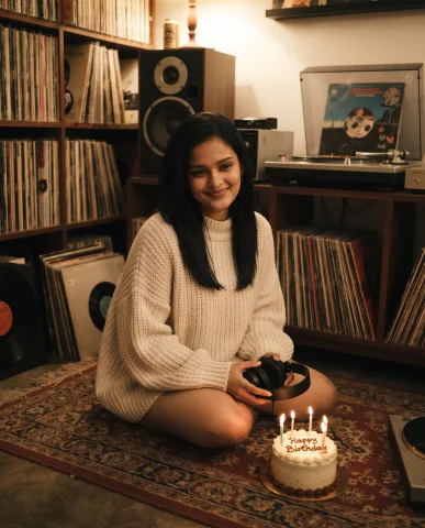Cozy Vinyl Record Birthday Photoshoot with Vintage Speakers and Cake — Nano Banana AI Prompt: A music enthusiast celebrating her birthday in a cozy room filled with vinyl rec...