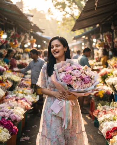 Dreamy Flower Market Birthday Photoshoot with Peonies and Roses — Nano Banana AI Prompt: A dreamy birthday celebration at a vibrant flower market, a woman walking throug...