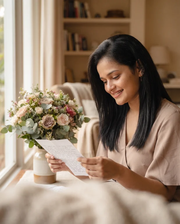 Heartfelt Birthday Letter Portrait with Flowers and Soft Window Light