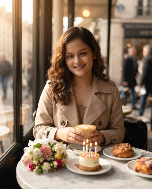 Parisian Café Birthday Photoshoot with Latte, Flowers and Candlelit Cake