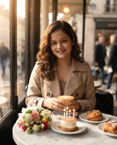 Parisian Café Birthday Photoshoot with Latte, Flowers and Candlelit Cake — Nano Banana AI Prompt: A stylish woman celebrating her birthday at a charming Parisian-inspired café, s...
