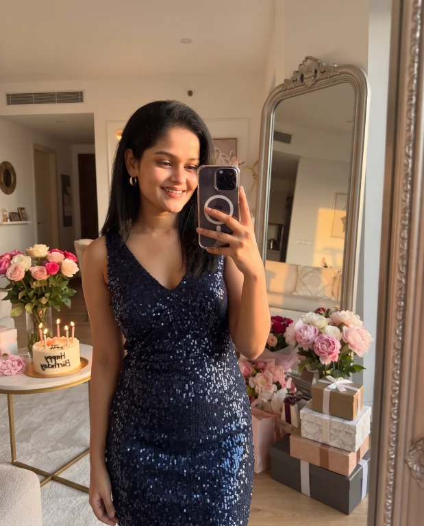 Trendy Birthday Mirror Selfie with Cake, Flowers and Gift Boxes