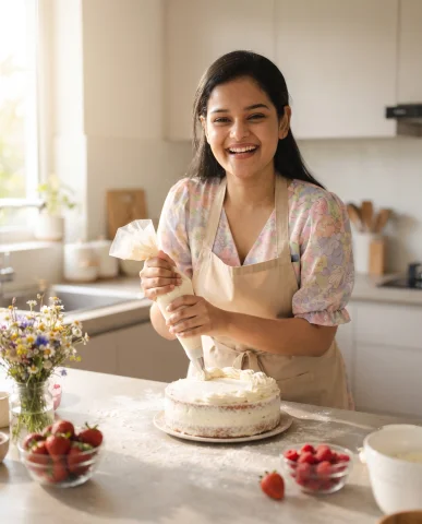 Cozy Birthday Baking Photoshoot with Homemade Cake and Fresh Strawberries — Nano Banana AI Prompt: A warm and joyful birthday scene featuring a woman baking her own birthday cake...