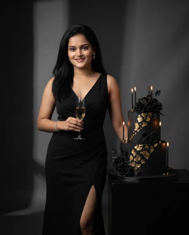 Luxury Black Evening Gown Birthday Portrait with Elegant Cake and Cinematic Lighting