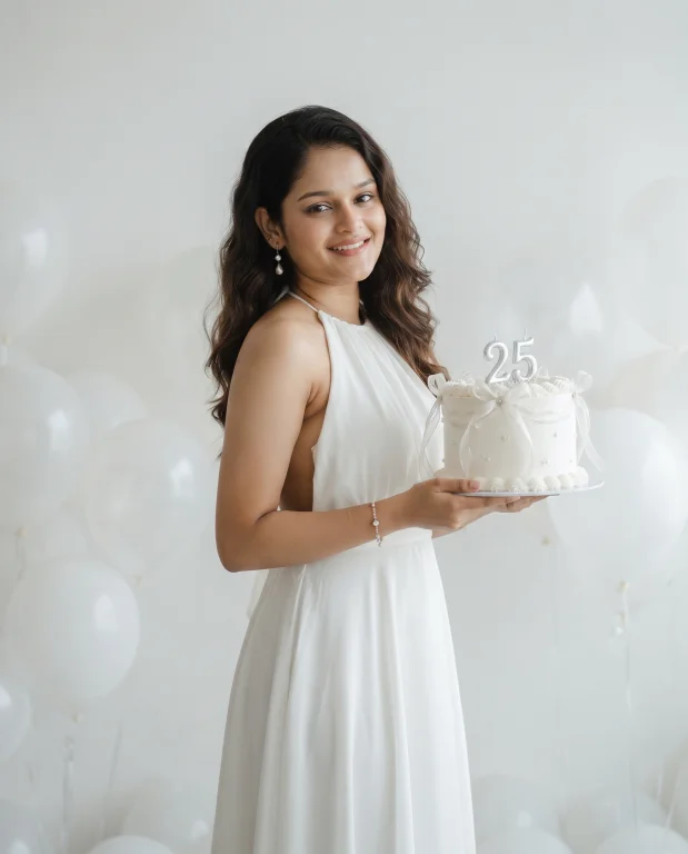 Elegant White Birthday Photoshoot with Balloons and Silver Candle Cake