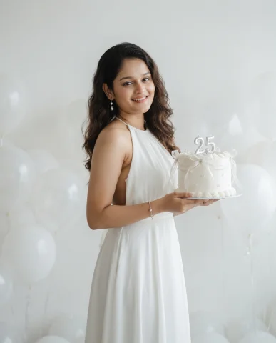 Elegant White Birthday Photoshoot with Balloons and Silver Candle Cake — Nano Banana AI Prompt: A sophisticated birthday portrait of a young woman standing gracefully in a room...
