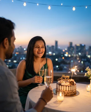 Romantic Rooftop Birthday Date with City Skyline and Sunset Glow — Nano Banana AI Prompt: A romantic rooftop birthday date overlooking a sparkling city skyline at sunset,...