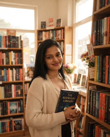 Cozy Bookstore Birthday Portrait with Books, Flowers and Warm Sunlight — Nano Banana AI Prompt: A book-loving woman celebrating her birthday inside a cozy independent bookstore...