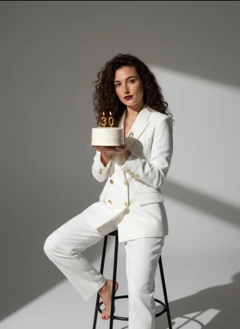 Womens Elegant Birthday Shoot — GPT Image AI Prompt: Create a high-end minimalist birthday photoshoot using the uploaded photo. Keep...