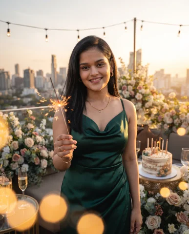 Luxury Rooftop Birthday Photoshoot with Satin Dress and Sunset City Skyline — Nano Banana AI Prompt: A glamorous birthday celebration on a luxury rooftop overlooking the city skylin...