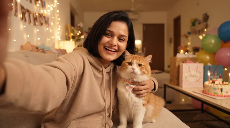 Gen Z Birthday Selfie with a Cute Cat, Balloons and Cozy Home Decor