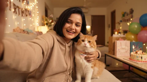 Gen Z Birthday Selfie with a Cute Cat, Balloons and Cozy Home Decor — Nano Banana AI Prompt: A fun and stylish birthday selfie at home featuring a confident young woman with...