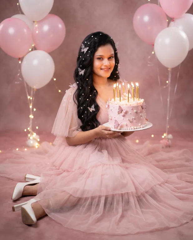 Dreamy Pastel Pink Birthday Photoshoot with Butterfly Gown and Cake