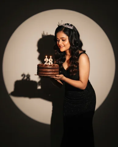 Luxury Black Gown Birthday Photoshoot with Crown and Chocolate Cake — Nano Banana AI Prompt: Create a glamorous birthday photoshoot portrait with direct flash photography. T...