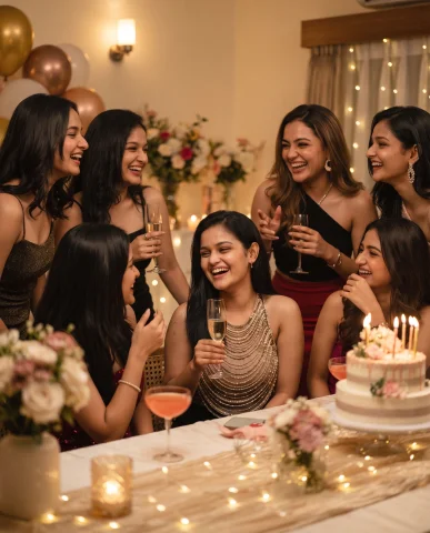 Stylish Birthday Party with Best Friends, Cake, Balloons and Glamorous Decor — Nano Banana AI Prompt: A fun birthday celebration with a group of best friends, laughter, birthday cake...