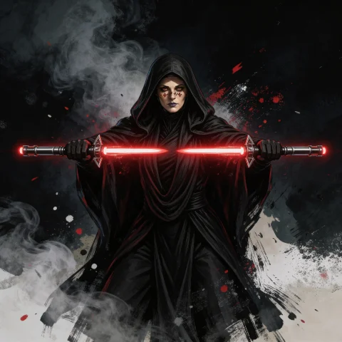 Render The Image Of The Woman In The Black Cloak, With Doubl... — Stable Diffusion AI Prompt: Render the image of the woman in the black cloak, with double side lightsaber da...